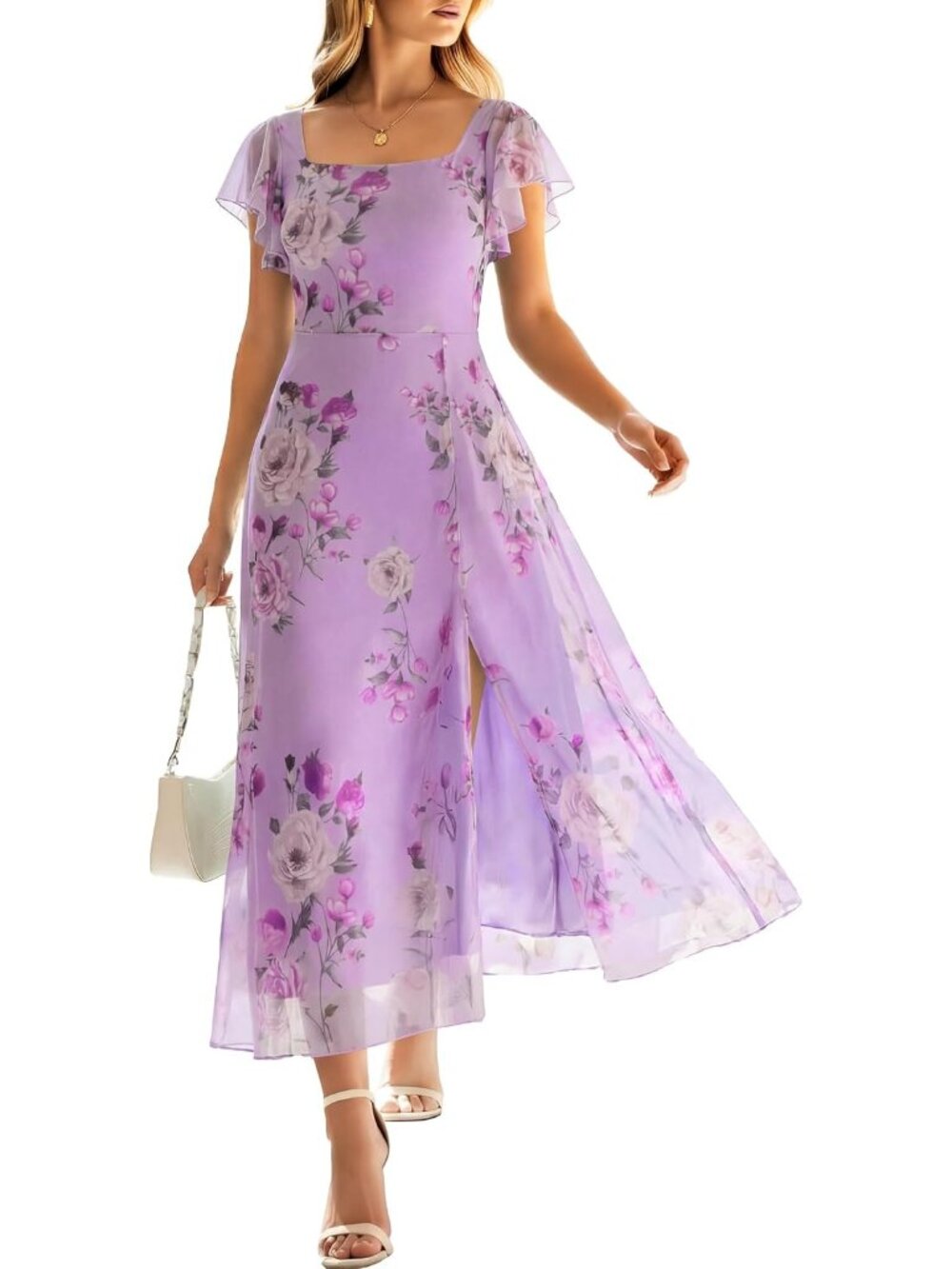 Women's Purple Rose Square Neck Floral Tulle A-Line Wedding Guest Midi Dresses